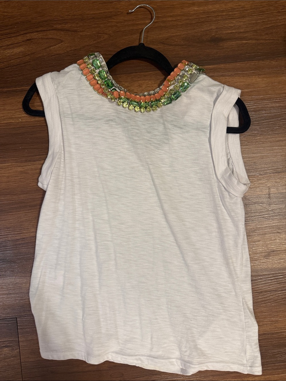 cinq a sept White Sleeveless Tank with Coral and Green Beaded Neckline